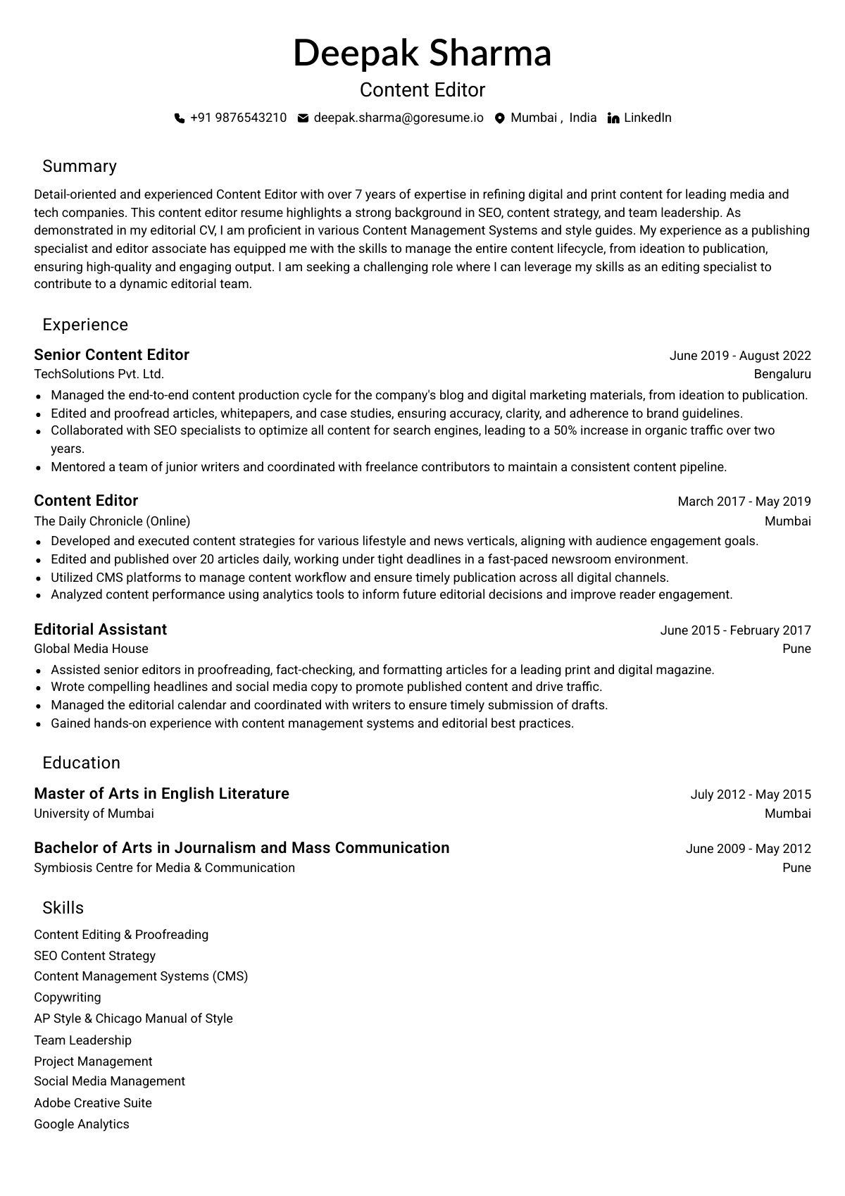 GoResume editor preview